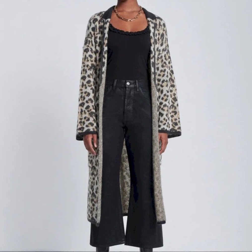 7 For All Mankind Jacquard Wool Blend Leopard Long Tie Cardigan Sweater NWT
